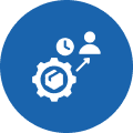 Gear, clock, person icons on blue background.