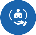 Person and hand icon in blue circle.