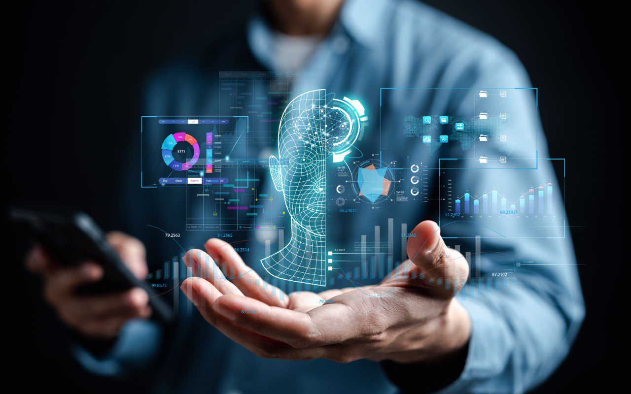 Person interacting with futuristic digital interface hologram.