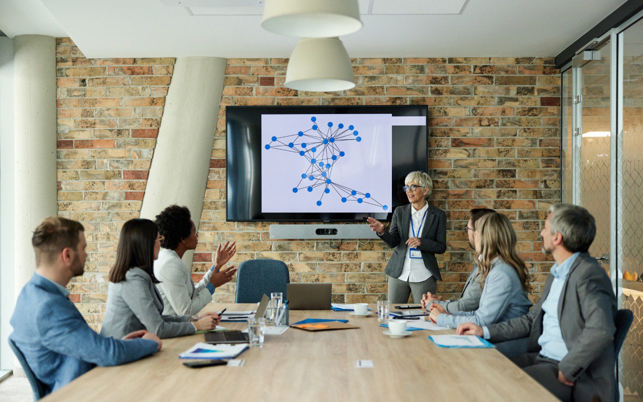 Business presentation with network diagram on screen.