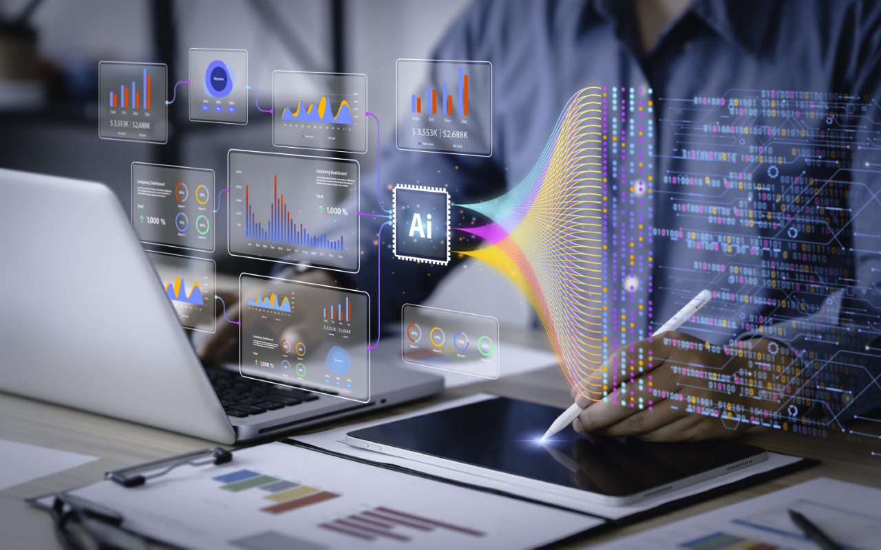 AI data visualization on laptop and tablet.