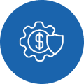 Gear, dollar, shield icon on blue background.