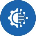 Half gear, half circuit on blue background.