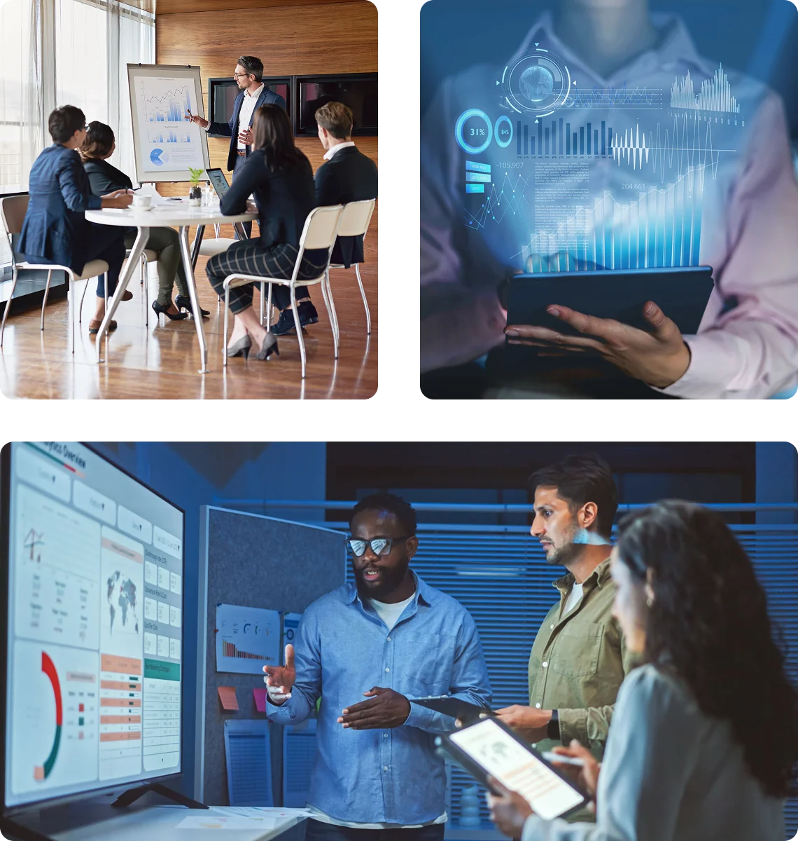 Business meeting and digital data visualization.